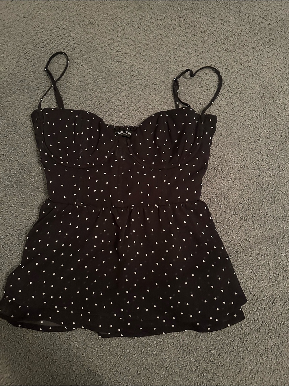 Lucy in the Sky Black & White Polka Dot Spaghetti Strap Peplum Camisole